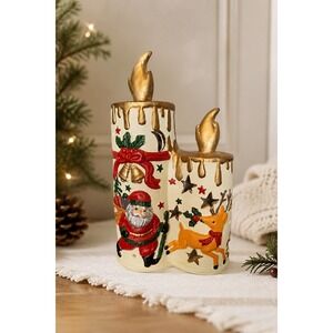 Vintage Christmas Candle Tealight Holder Santa Reindeer Ceramic Holiday Luminary